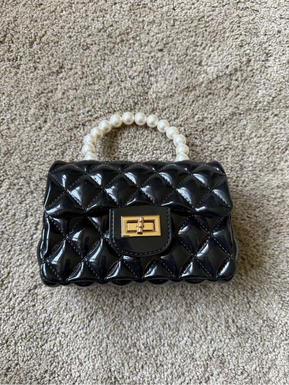 Black Quilted Pearl-Handle Top-Handle Bag